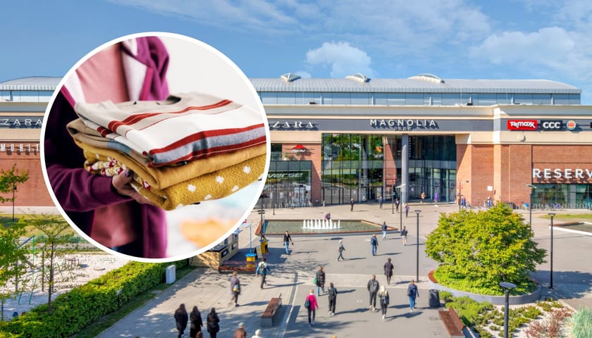W tle: centrum handlowe Magnolia Park, w kółku: kobieta trzymająca ubrania do oddania (zdjęcie ilustracyjne)
