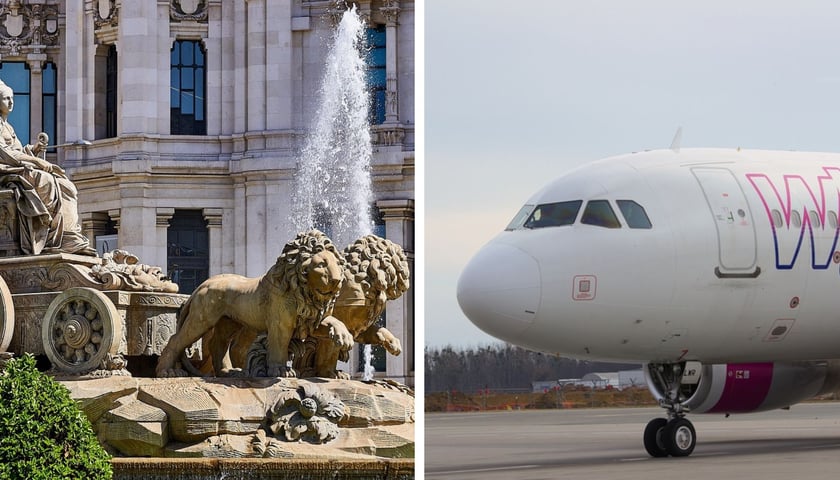 Pomnik z fontanny frygijskiej bogini płodności Kybele w Madrycie (po lewej) i samolot Wizz Air (po prawej)
