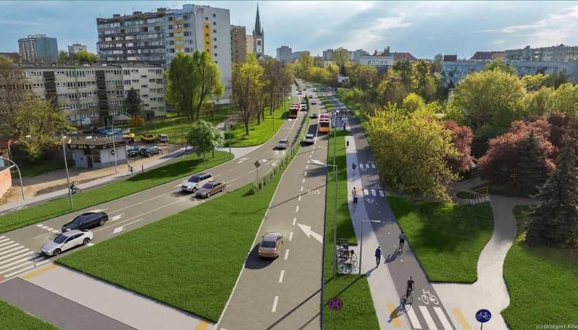 Wizualizacja Gajowickiej z buspasem i dwukierunkową drogą rowerową