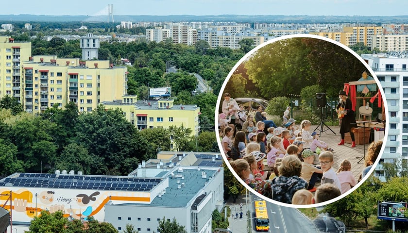 Panorama Nowego Dworu, w kółeczku wydarzenie na osiedlu - występy dla dzieci (zdjęcie ilustracyjne)