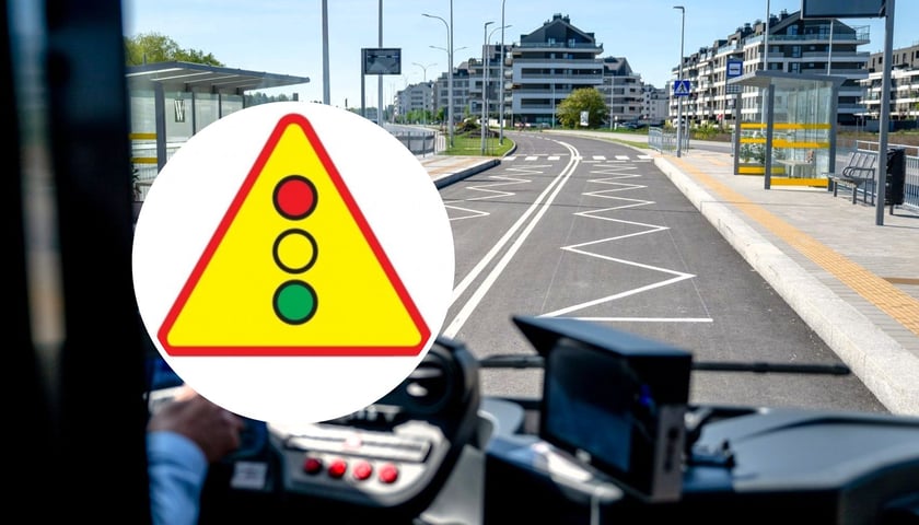 Trasa autobusowa na Jagodno widziana zza kierownicy autobusu. Na małym obrazku znak ostrzegawczy "sygnały świetlne" 