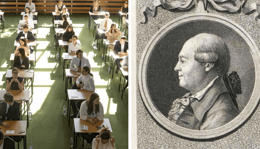Z lewej uczniowie we Wrocławiu przy stolikach podczas matury, z prawej Karl Abraham von Zedlitz - portret