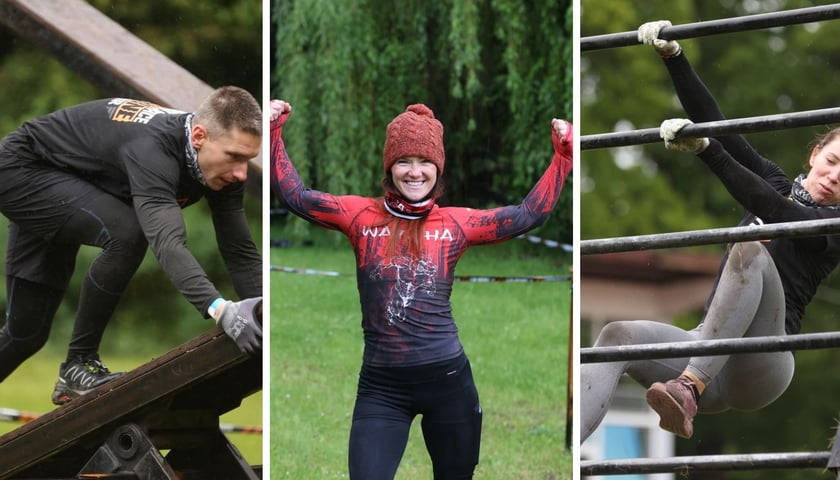 Na trzech zdjęciach uczestnicy Survival Race 2025 we Wrocławiu podczas zawodów i pokonywania przeszkód