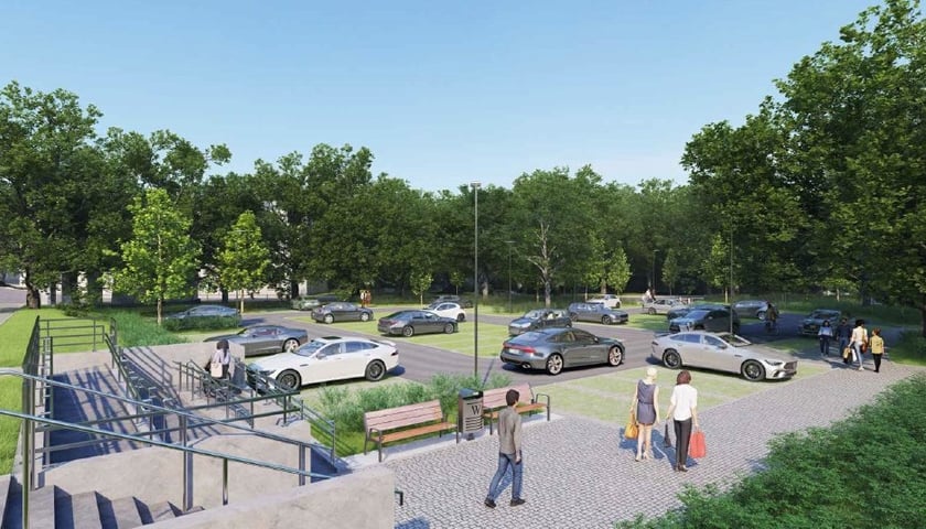 Samochody i osoby na zaprojektowanym parkingu przy stacji kolejowej w Leśnicy (wizualizacja)