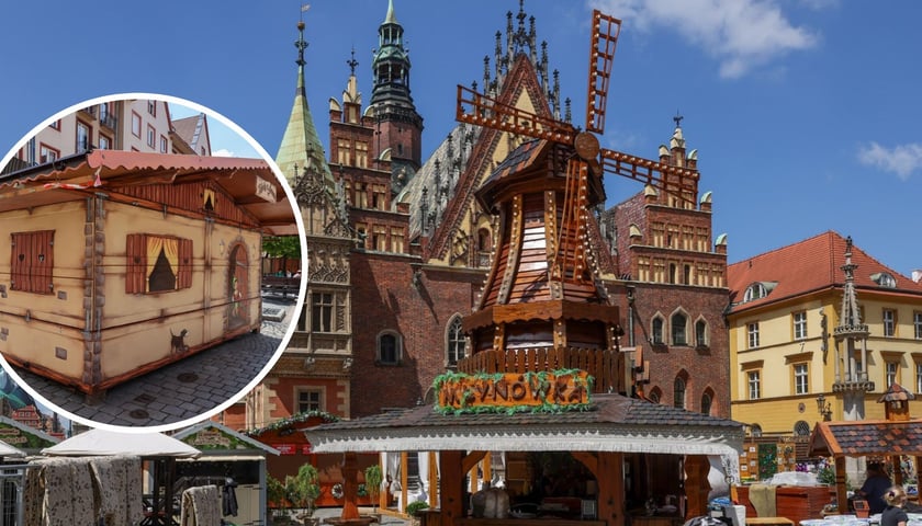 Na dużym zdjęciu stoisko Jarmarku Świętojańskiego w okolicy Pregierza, na małym zdjęciu domek 