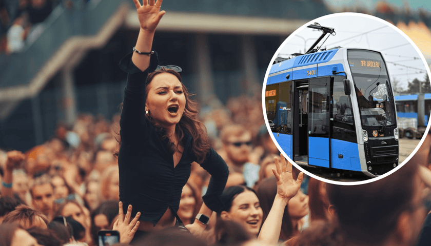 W tle: koncert, młoda kobieta, w kółku: tramwaj (zdjęcia ilustracyjne)