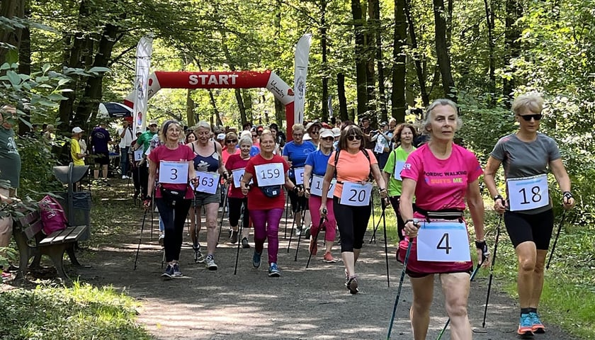 Grupa seniorów maszerująca z kijkami nordic walking podczas ubiegłorocznych Mistrzostw Nordic Walking o Puchar WCRS