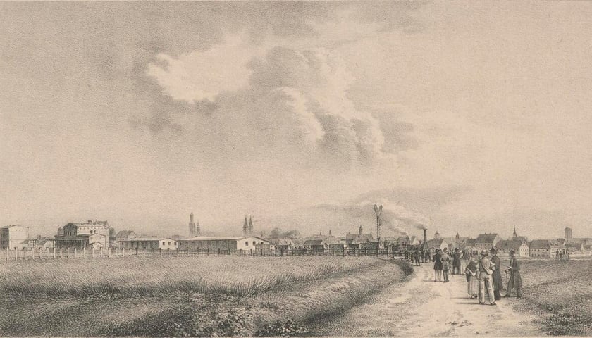 <p>Wizja pierwszego pociągu odjeżdżającego z Wrocławia, grafika powstała przed 1836 rokiem.</p>
