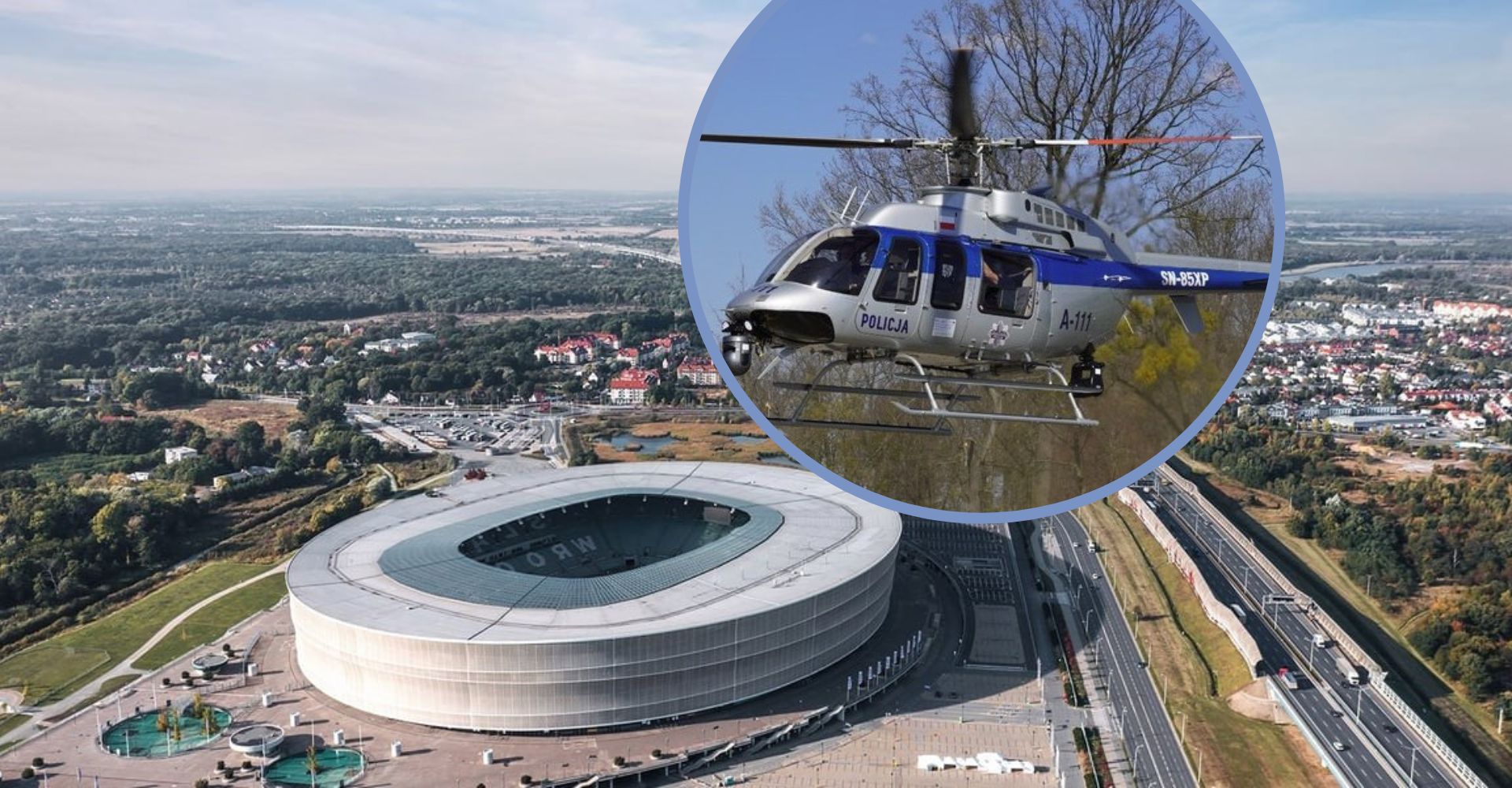 Widok z góry na stadion Tarczyński Arena we Wrocławiu, w kółku jest śmigłowiec policyjny