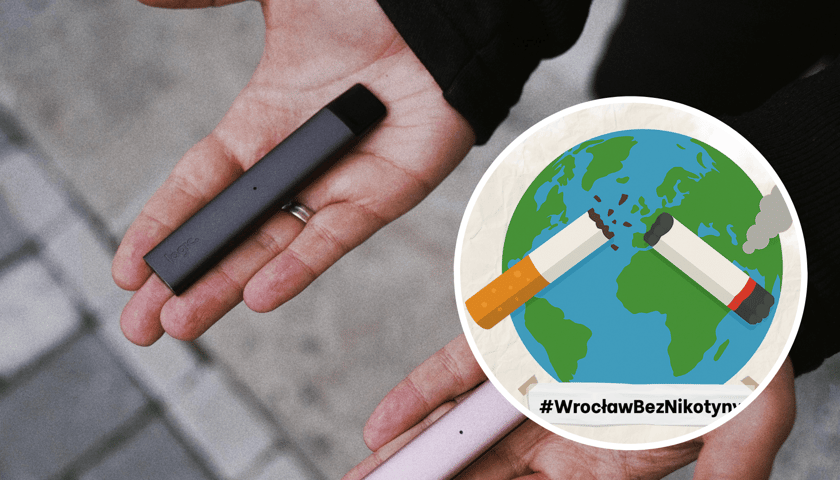 W kółku fragment infografiki z kampanii VapeOFF, w tle "papieros" typu vape na męskiej dłoni