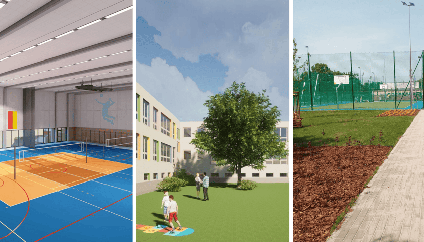 Od lewej: wizualizacja nowej hali sportowej, w środku wizualizacja przestrzeni rekreacyjnej przed szkołą, po prawej już wyremontowane boisko szkolne i przestrzeń rekreacyjna przy szkole