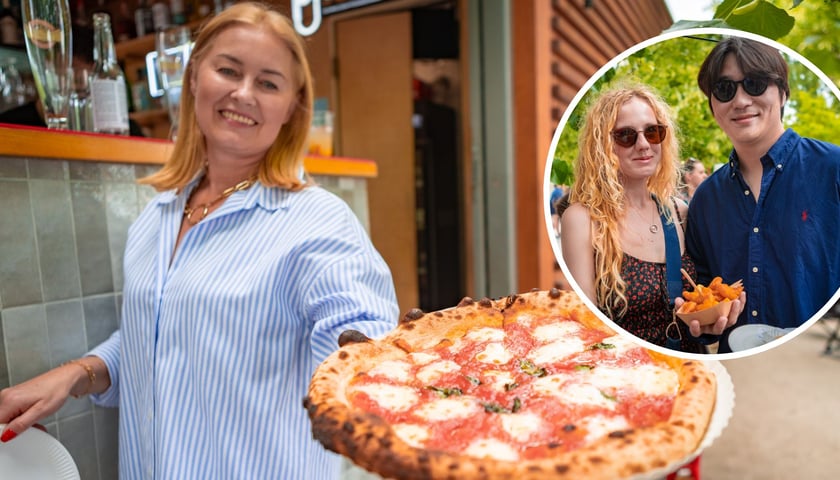 na zdjęciu dużym kobieta podająca pizzę, na małym zdjęciu mężczyzna i kobieta trzymający tutkę z frytkami