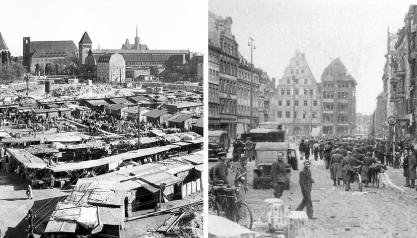 Z lewej bazar na Nowym Targu w roku 1960, z prawej północna strona rynku, tzw. Targ Łakoci, krótko po kapitulacji Festung Breslau