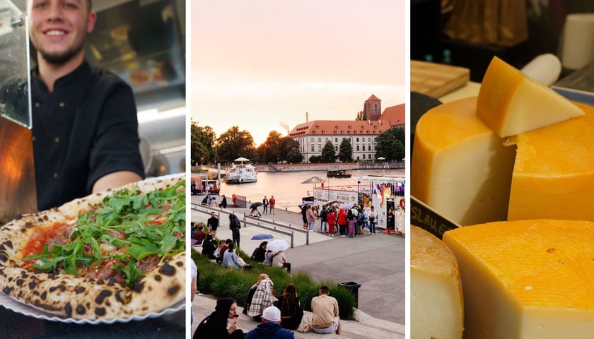 Na zdjęciu z lewej mężczyzna podający pizzę z foodtrucka, w środku Bulwar Dunikowskiego, z prawej krąg żółtego sera