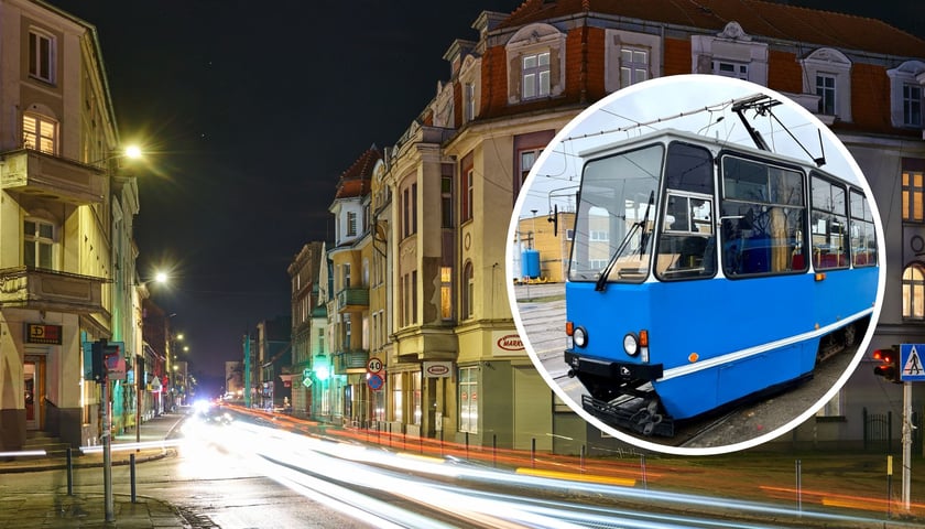 W tle - Leśnica po zmroku. W kółku - tramwaj Konstal 105Na