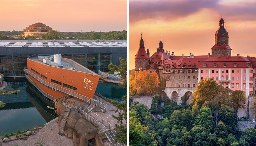 Po lewej Afrykarium w Zoo Wrocław, po prawej Zamek Książ