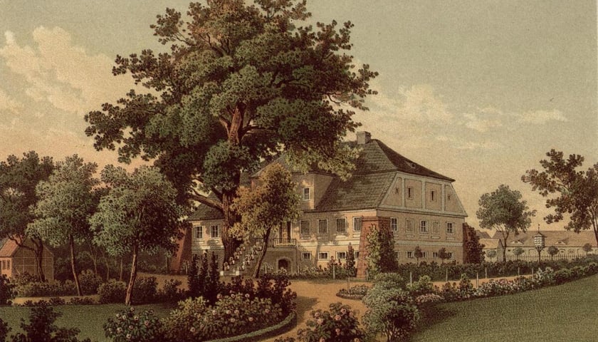 <p>Dw&oacute;r w Golkowicach koło Głogowa. Litografia powstała w latach 1863-1864.</p>