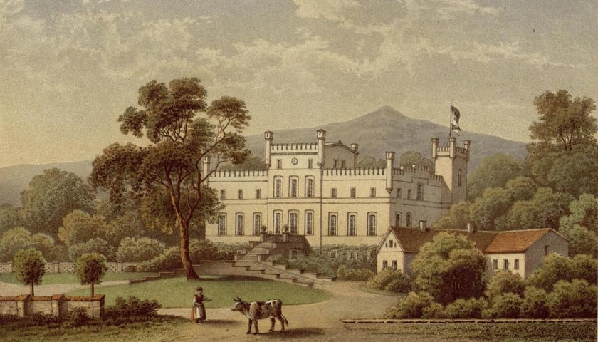 Pałac w Mietkowie. Litografia powstała w latach 1863-1864.