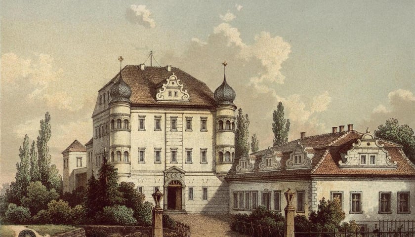 Pałac w miejscowości Modła koło Bolesławca. Litografia powstała w latach 1863-1864.