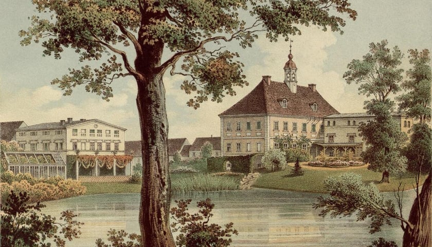 Nieistniejący pałac w Pasterzycach koło Wrocławia. Litografia powstała w latach 1863-1864.