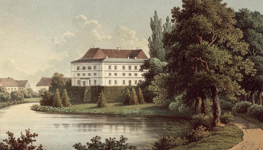 Dw&oacute;r w Szczapanowie położony nieopodal masywu Ślęży. Litografia powstała w latach 1863-1864.