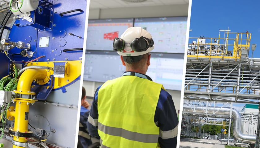 Mężczyzna w kasku i żółtej kamizelce patrzący na monitory w centrum sterowania, a także instalacje nowej elektociepłowni w Siechnicach