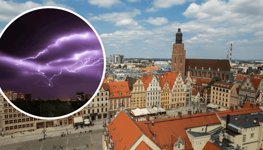 W tle panorama Wrocławia, w kółku wyładowania