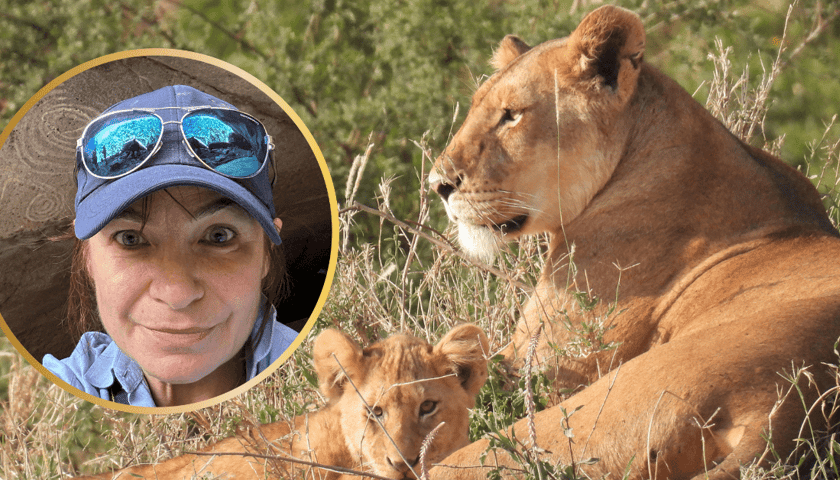 Prof. Marta Osypińska, w tle lwy na równinie Serengeti