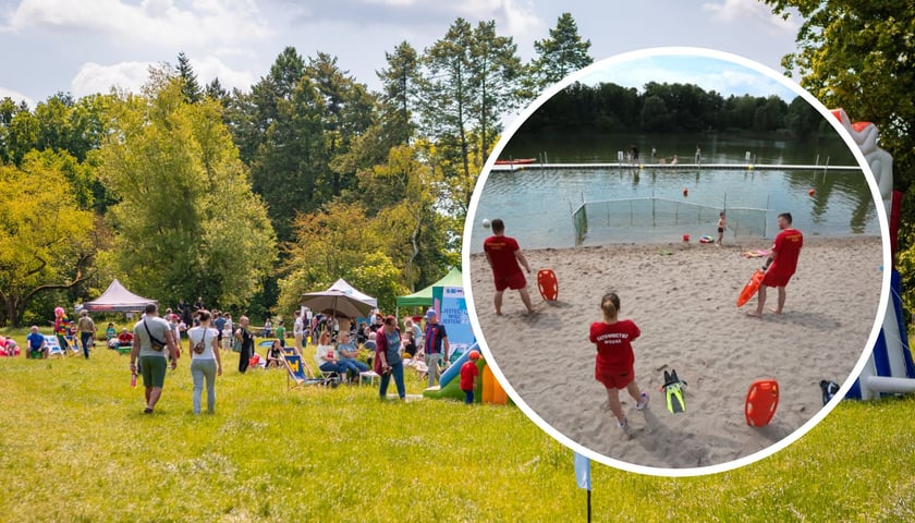 W tle - plenerowy piknik, zdjęcie ilustracyjne. W kółku - ratownicy na Kąpielisku Harcerska