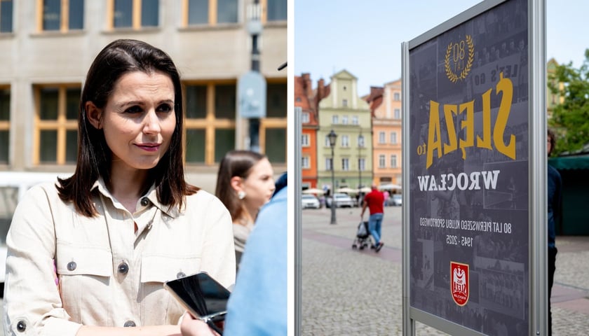 Prezes Katarzyna Ziobro i plansza na Solnym z okazji 80. rocznicy klubu Ślęza Wrocław