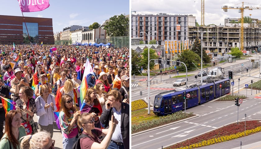 Na zdjęciu z lewej uczestnicy Marszu Równości, po prawej tramwaj na torowisku