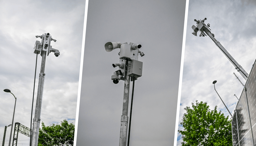 Kamery i syreny na masztach wież mobilnych zasilanych solarnymi agregatami