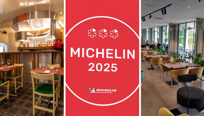 Trzy zdjęcia – z lewej wnętrze Baba, w środku plakietka Michelin 2025, z prawej wnętrze Tarasowej