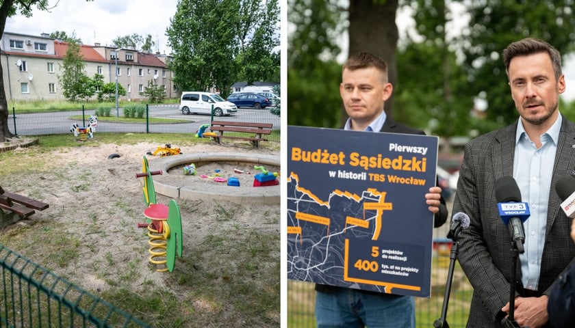 Po prawej stronie plac zabaw dla dzieci przy ul. Górniczej. Po lewej uczestnicy konferencji, 9 czerwca 2025 r. - Piotr Mazur i Łukasz Maślanka. 