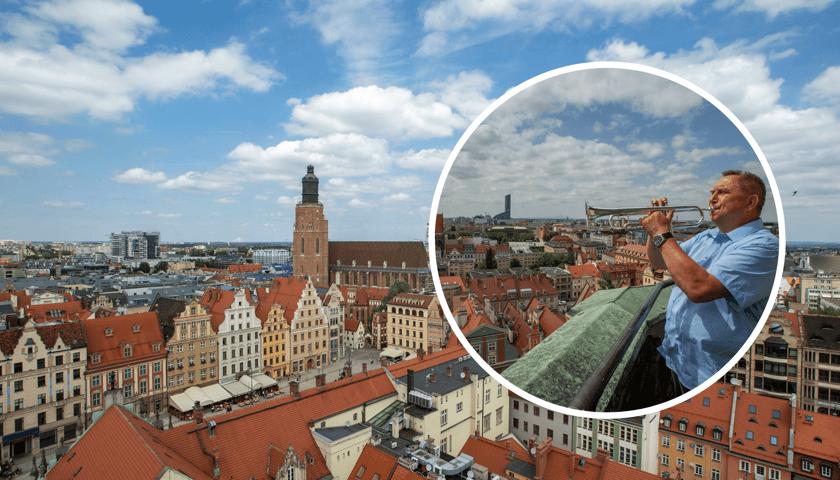 Panorama Wrocławia, w kółeczku dzisiejszy hejnalista wrocławski, Tadeusz Nestorowicz