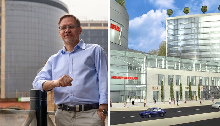 Paweł Szczepaniak w koszuli na tle Arkad Wrocławskich w kwietniu 2025 | jedna z pierwszych koncepcji budynku na wizualizacji