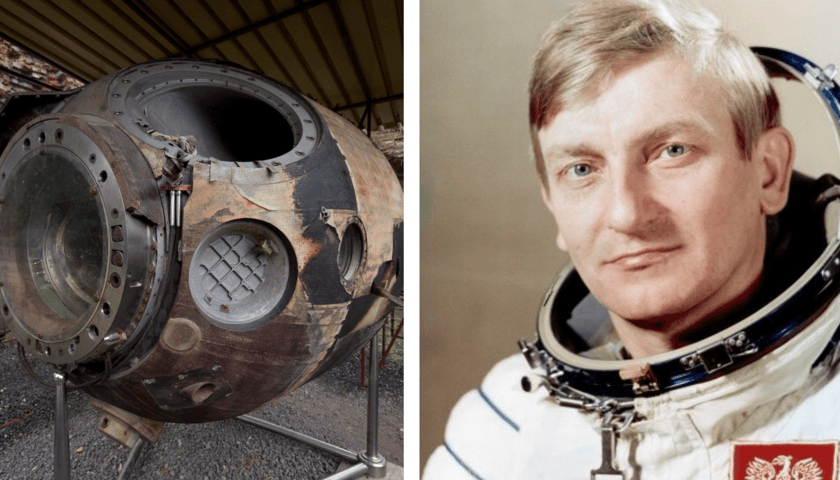 Kolaż 2 zdjęć: z lewej moduł lądowania Sojuza 30, z prawej gen. Mirosław Hermaszewski