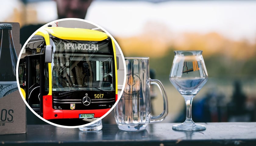 Duże zdjęcie przedstawia kufle z logo Wrocławskiego Festiwalu Dobrego Piwa. Na małym zdjęciu autobus MPK 