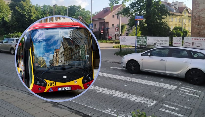 Na dużym zdjęciu ulica Stanety przed remontem. W kółku autobus miejski 121 kursujący na Psie Pole