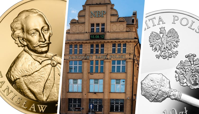 Rewers złotej monety 500 zł / budynek NBP we Wrocławiu / awers srebrnej monety 10 zł
