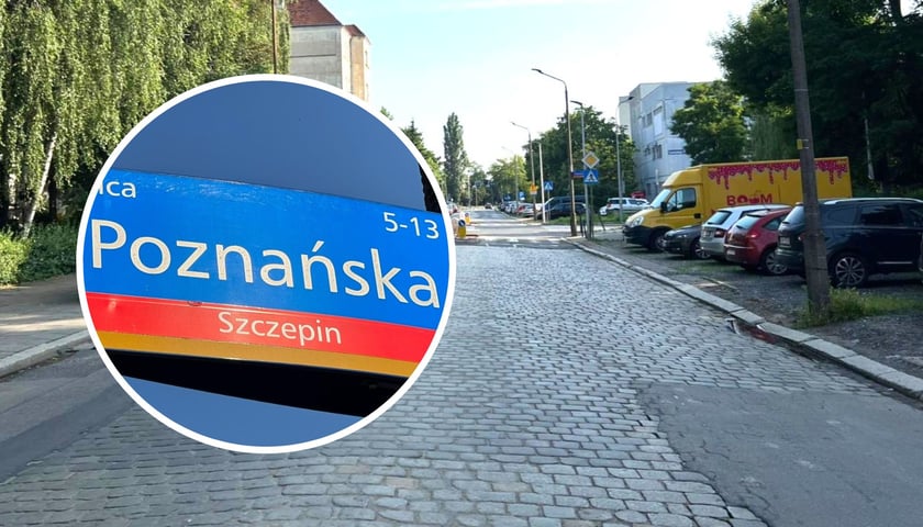 Na dużym zdjęciu ulica Poznańska, na małym, w kółku, tablica informacyjna z napisem "Poznańska"  