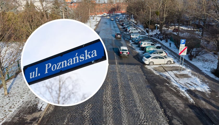 Na dużym zdjęciu ulica Poznańska z lotu ptaka, na małym, w kółku, tablica informacyjna z napisem "Poznańska"  