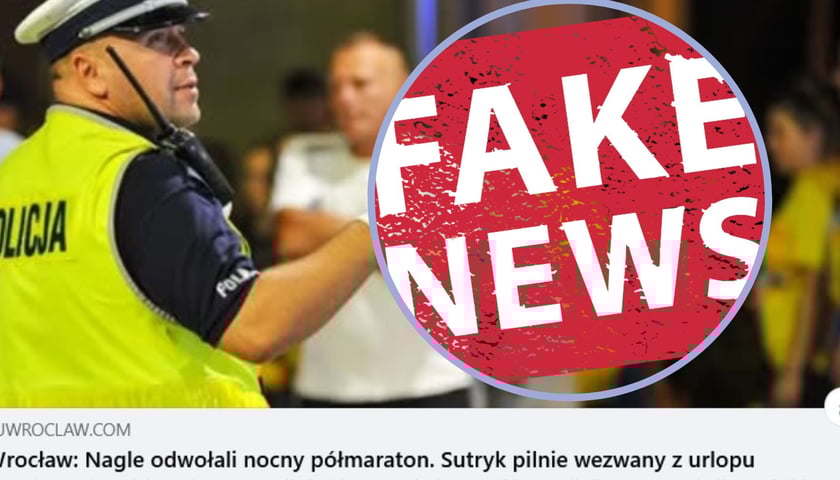 Post Tuwroclaw.com dot. Nocnego Wrocław Półmaratonu, w kółeczku napis "Fake News"