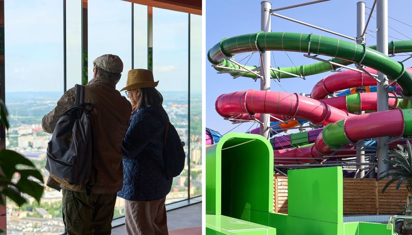 Po lewej: mężczyzna z kobietą na tarasie widokowym Sky Tower, po prawej: zjeżdżalnie Aquaparku przy ul. Borowskiej