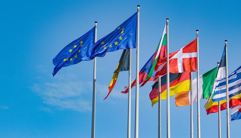 flagi unijne oraz państw należących do UE, zdjęcie ilustracyjne
