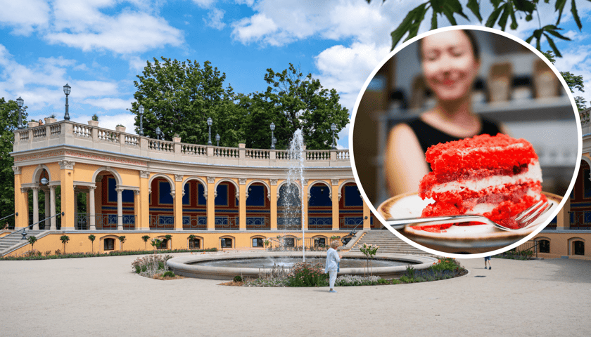 Z lewej Bastion Sakwoy, z prawej w kółku ciasto z kawiarni Freska w Bastionie Sakwowym 