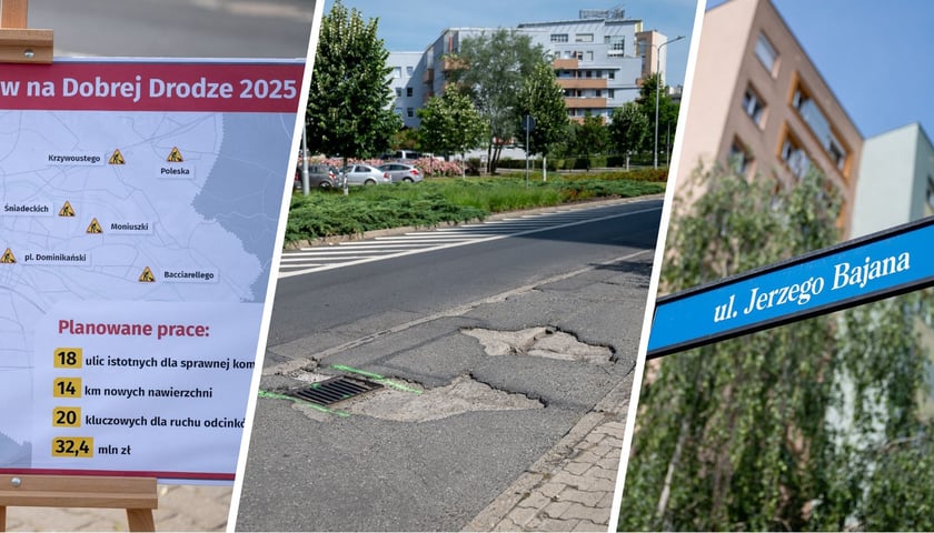 Zdjęcie planszy z mapą z ulicami do remontu | zniszczona nawierzchnia ulicy na Gądowie | niebieska tablica ul. Bajana 