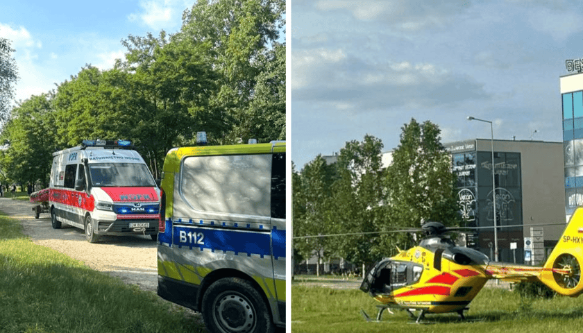 Po lewej samochody słuzb, po prawej śmigłowiec LPR