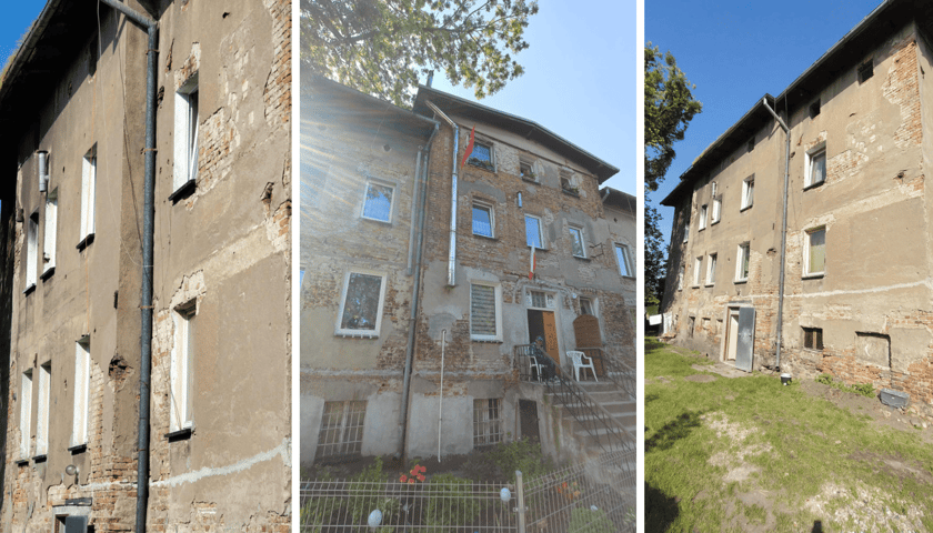 Trzy zdjęcia przedstawiające kamienicę nr 42 przy Krotoszyńskiej we Wrocławiu, z różnych rzutów
