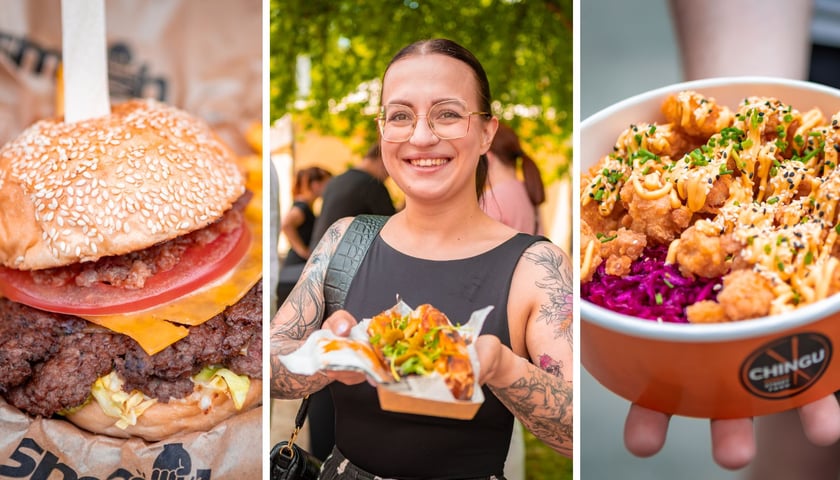 Na zdjęciu z lewej i z prawej dania, jakie można zjeść na Gastro Miasto, w środku kobieta pokazująca jeden ze specjałów, jaki jest dostępny w foodtrackach